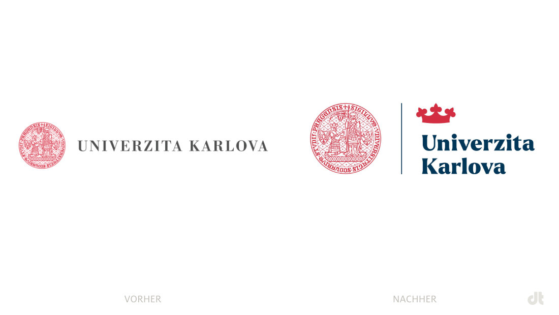 Karls-Universität Prag Logo – vorher und nachher, Bildquelle: Karls-Universität Prag, Bildmontage: dt
