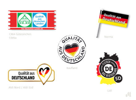 Herkunftszeichen Deutschland Siegel/Logos, Quelle: Aldi, Kaufland, Lidl, CMA, Norma