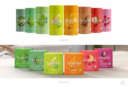 Yasashi Packaging – vorher und nachher, Bildquelle: Yasashi/Ostfriesische Tee Gesellschaft, Bildmontage: dt