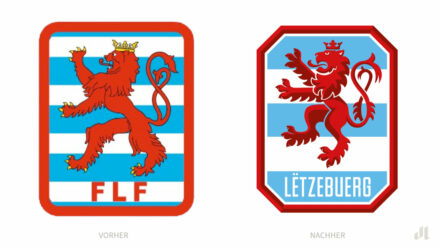 Fußball-Nationalmannschaft Luxemburg Logo – vorher und nachher, Bildquelle: FLF, Bildmontage: dt