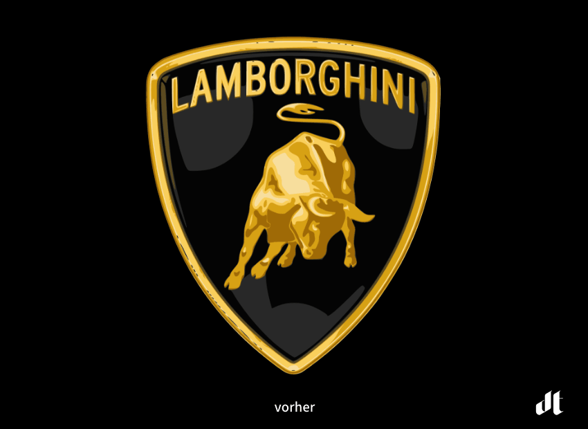 Lamborghini Logo – vorher und nachher, Bildquelle: Lamborghini, Bildmontage: dt