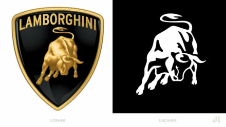 Lamborghini-Logo (Profilbild) – vorher und nachher, Bildquelle: Lamborghini, Bildmontage: Deutsch